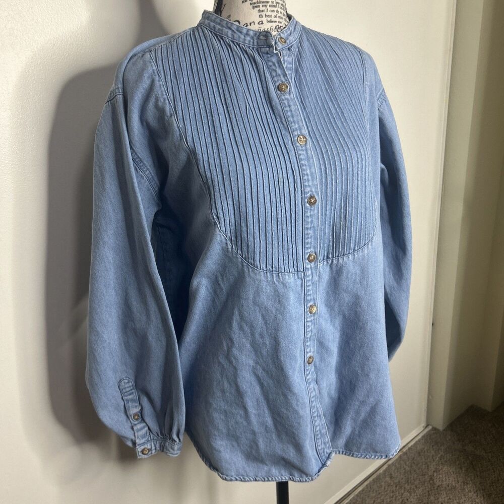Vtg 80s Gitano Denim Tuxedo Shirt Womens Medium Pleated Bib Band Collar Western